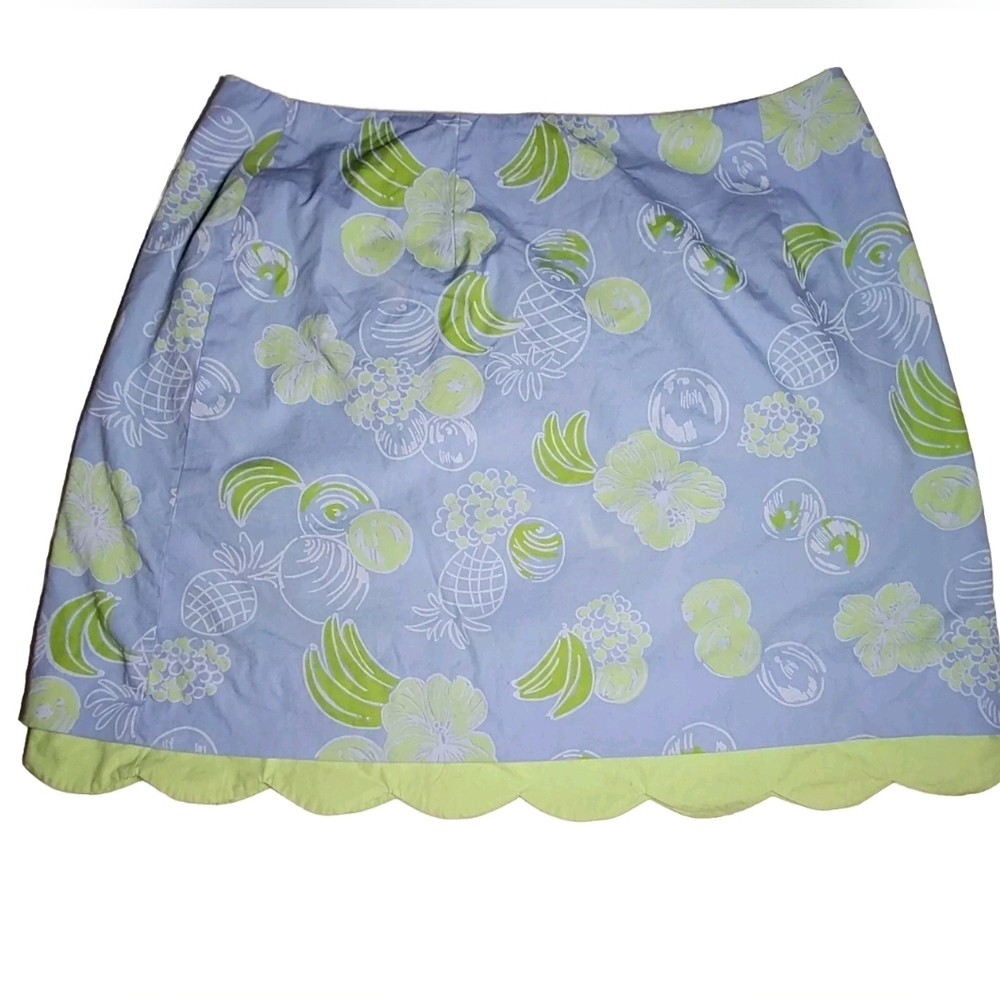 Lilly Pulitzer 2P Skirt Sweet Blue Testas with Green Scallop Hem 15 3/4" Long